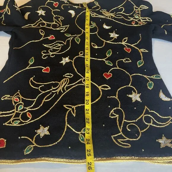 Vintage 1998 Michael Simon Christmas Cardigan Womens L Black Gold Trim Beaded - Picture 14 of 14